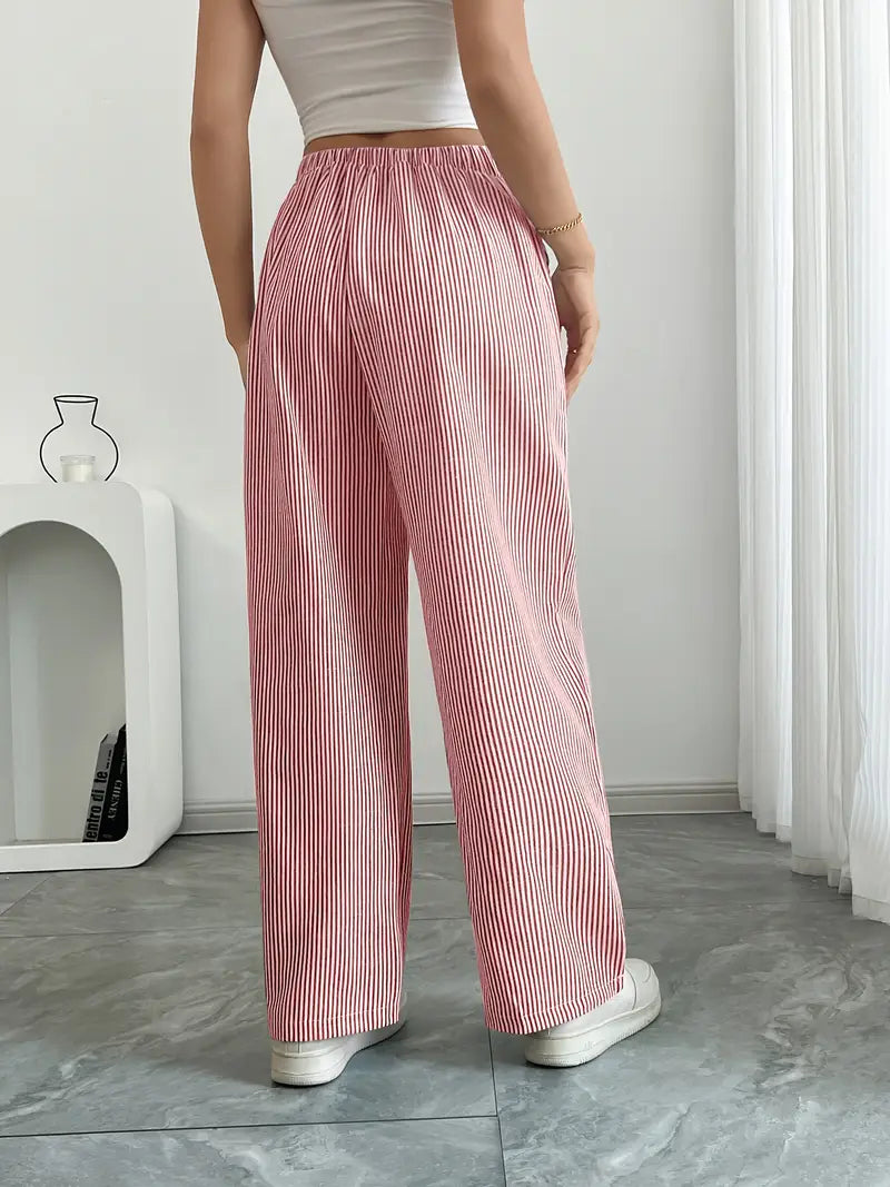 Women's Wide Leg Striped Pants Drawstring Casual Summer Flowy Trousers - Victrafia