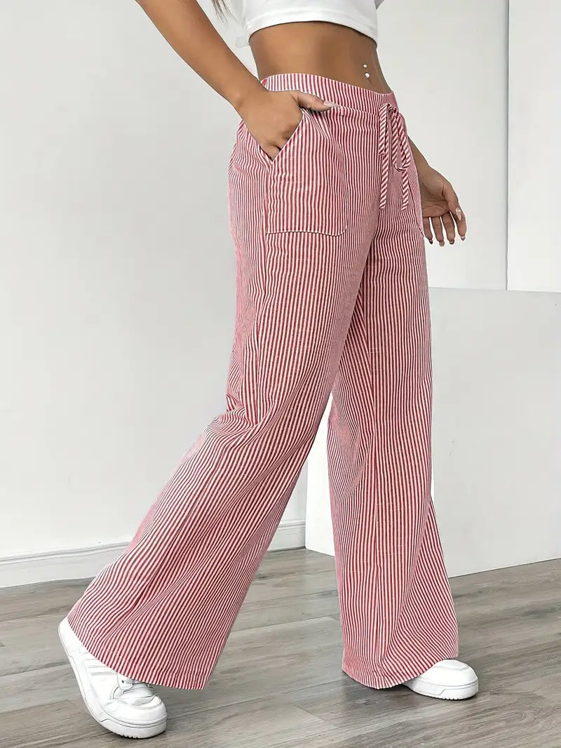 Women's Wide Leg Striped Pants Drawstring Casual Summer Flowy Trousers - Victrafia
