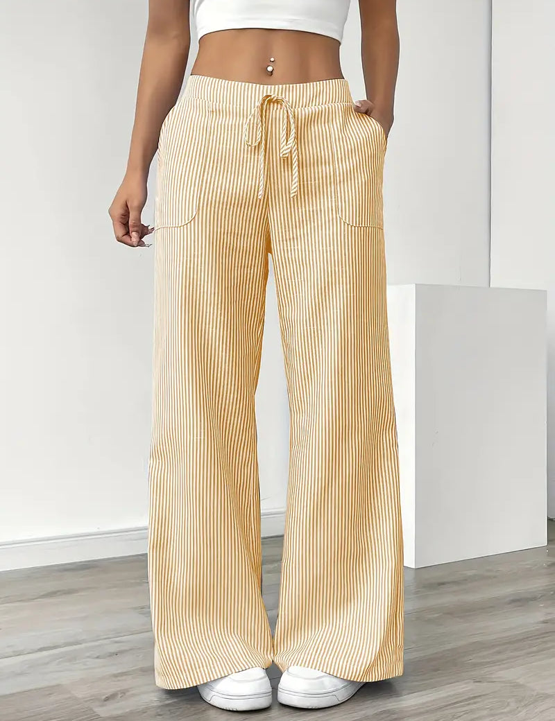 Women's Wide Leg Striped Pants Drawstring Casual Summer Flowy Trousers - Victrafia