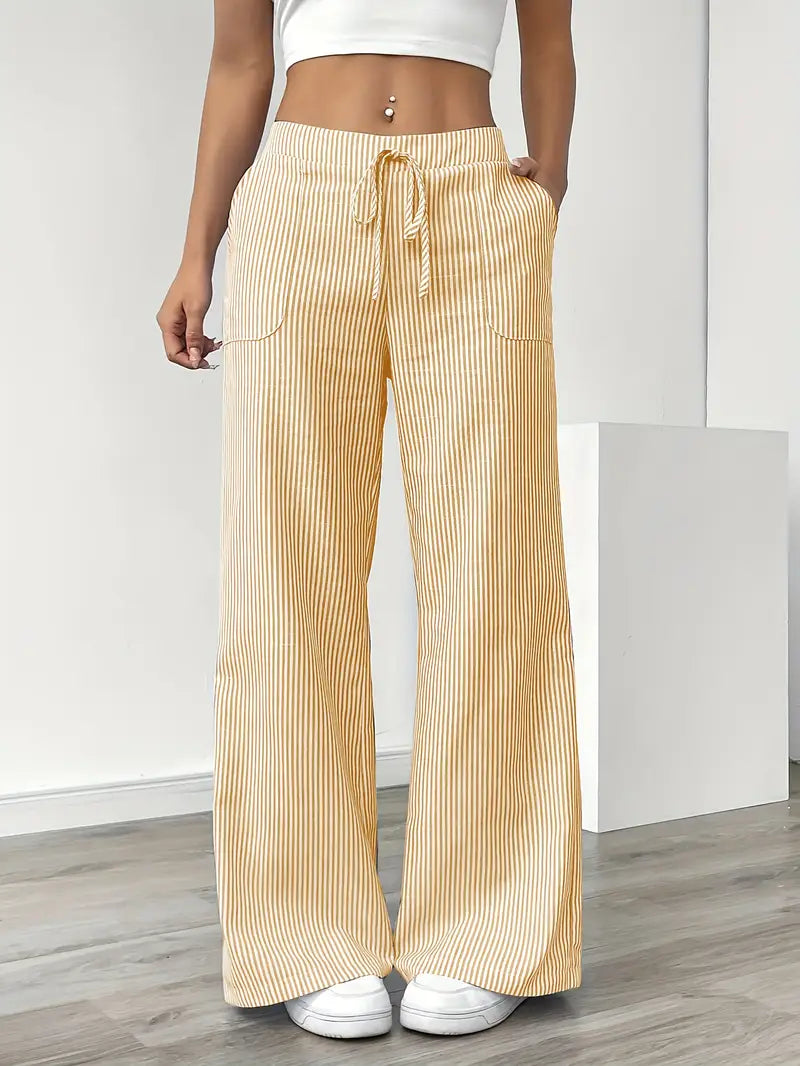 Women's Wide Leg Striped Pants Drawstring Casual Summer Flowy Trousers - Victrafia
