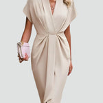 Women's Wrap Midi Dress V-Neck Cocktail Wedding Guest Evening - Victrafia