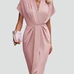 Women's Wrap Midi Dress V-Neck Cocktail Wedding Guest Evening - Victrafia