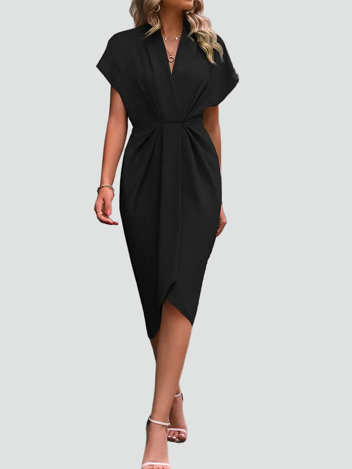 Women's Wrap Midi Dress V-Neck Cocktail Wedding Guest Evening - Victrafia