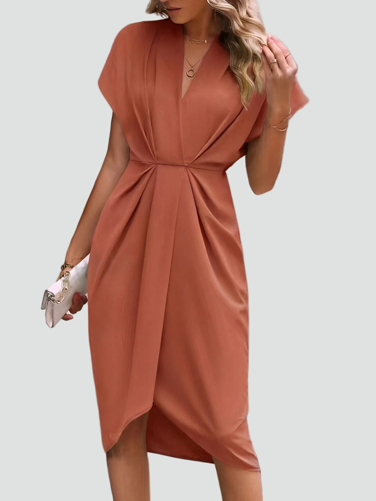 Women's Wrap Midi Dress V-Neck Cocktail Wedding Guest Evening - Victrafia