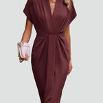 Women's Wrap Midi Dress V-Neck Cocktail Wedding Guest Evening - Victrafia