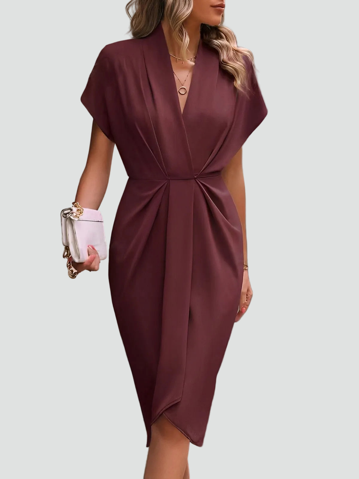 Women's Wrap Midi Dress V-Neck Cocktail Wedding Guest Evening - Victrafia