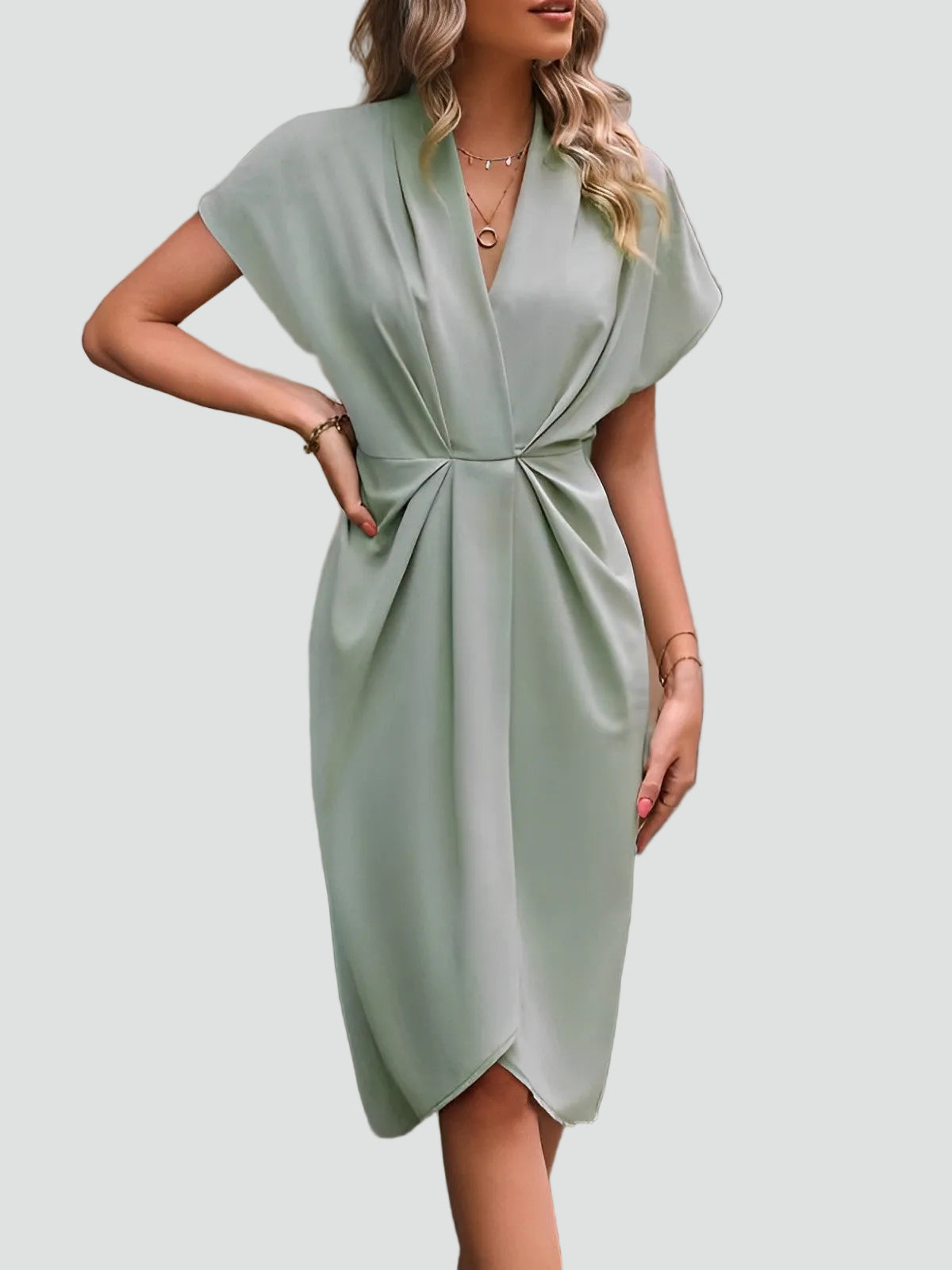 Women's Wrap Midi Dress V-Neck Cocktail Wedding Guest Evening - Victrafia
