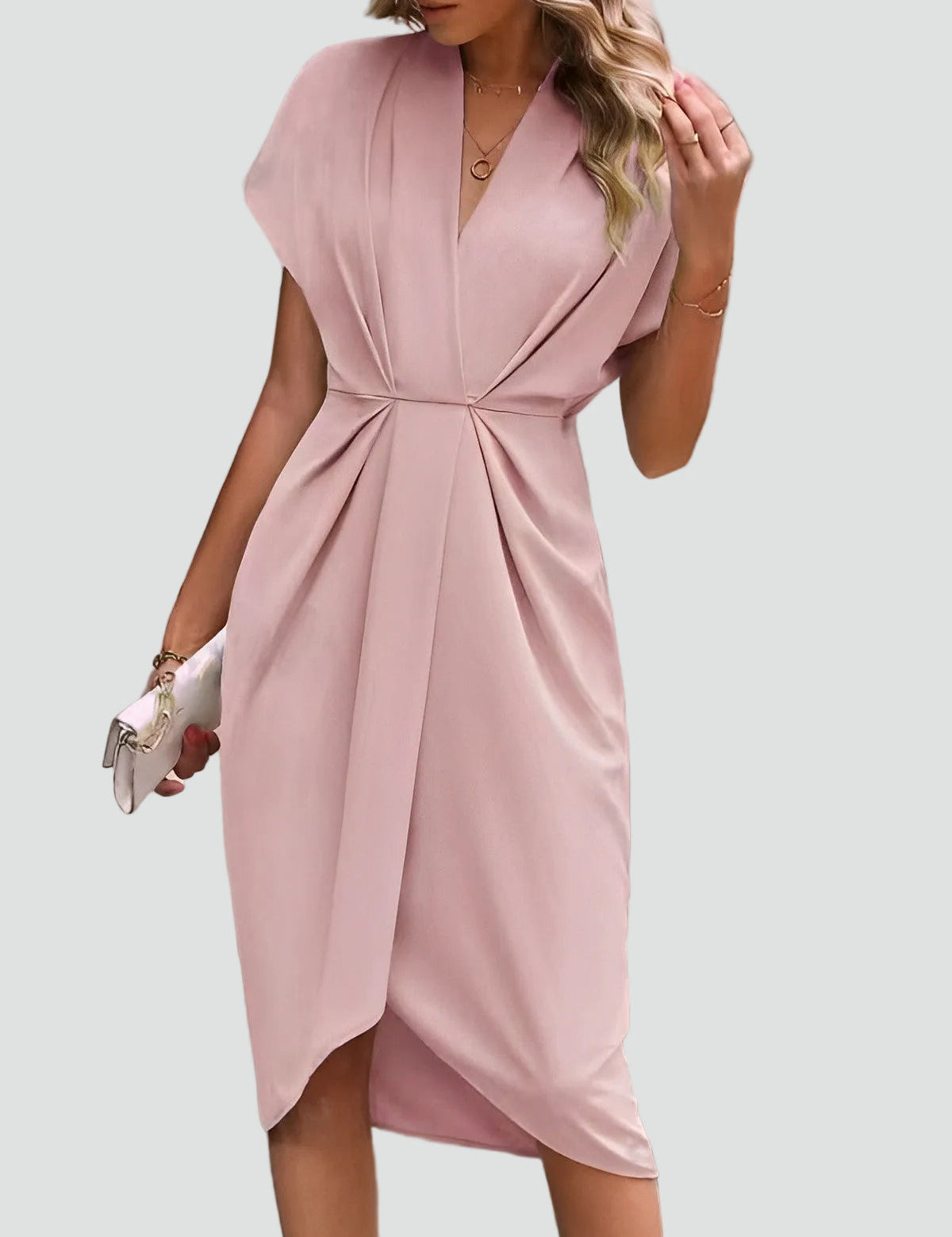 Women's Wrap Midi Dress V-Neck Cocktail Wedding Guest Evening - Victrafia